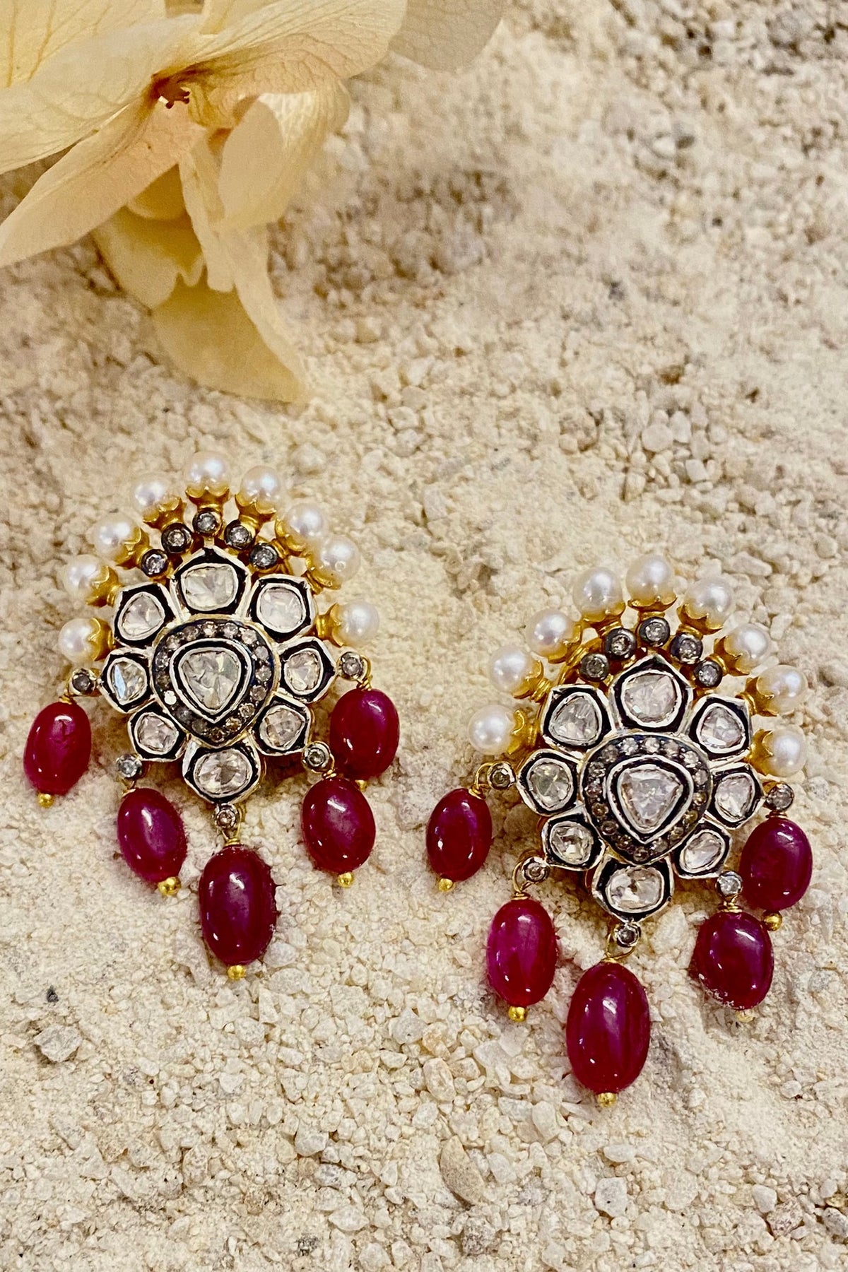 Two-Tone Finish Pearl & Ruby Dangler Earrings In Sterling Silver