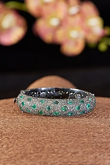 Two Tone Finish Single Cut Diamond & Emerald Bangle In Sterling Silver