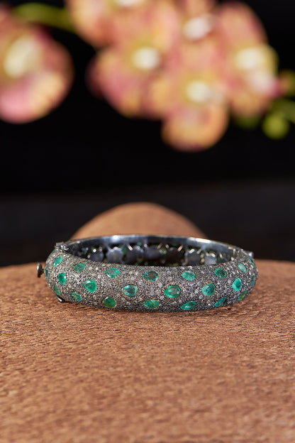 Two Tone Finish Single Cut Diamond & Emerald Bangle In Sterling Silver