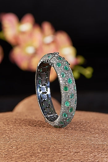 Two Tone Finish Single Cut Diamond & Emerald Bangle In Sterling Silver