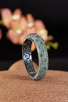 Two Tone Finish Single Cut Diamond & Emerald Bangle In Sterling Silver