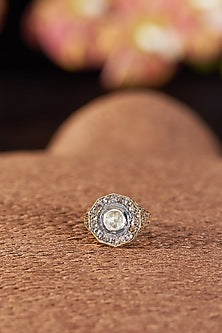 Two Tone Finish Polki Diamond & Single Cut Diamond Ring In Sterling Silver