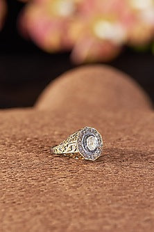 Two Tone Finish Polki Diamond & Single Cut Diamond Ring In Sterling Silver