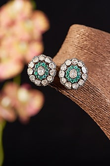 Two Tone Finish Single Cut Diamond & Emerald Stud Earrings In Sterling Silver