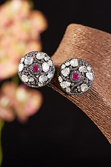 Two Tone Finish Single Cut Diamond & Ruby Stud Earrings In Sterling Silver