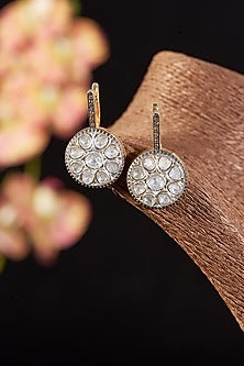 Two Tone Finish Single Cut Diamond & Polki Diamond Dangler Earrings In Sterling Silver
