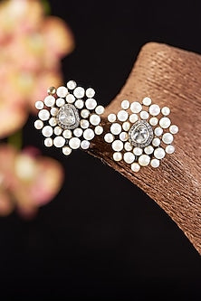 Two Tone Finish Single Cut Diamond & Pearl Stud Earrings In Sterling Silver