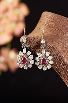 Two Tone Finish Single Cut Diamond & Ruby Dangler Earrings In Sterling Silver
