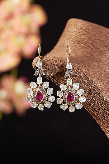 Two Tone Finish Single Cut Diamond & Ruby Dangler Earrings In Sterling Silver