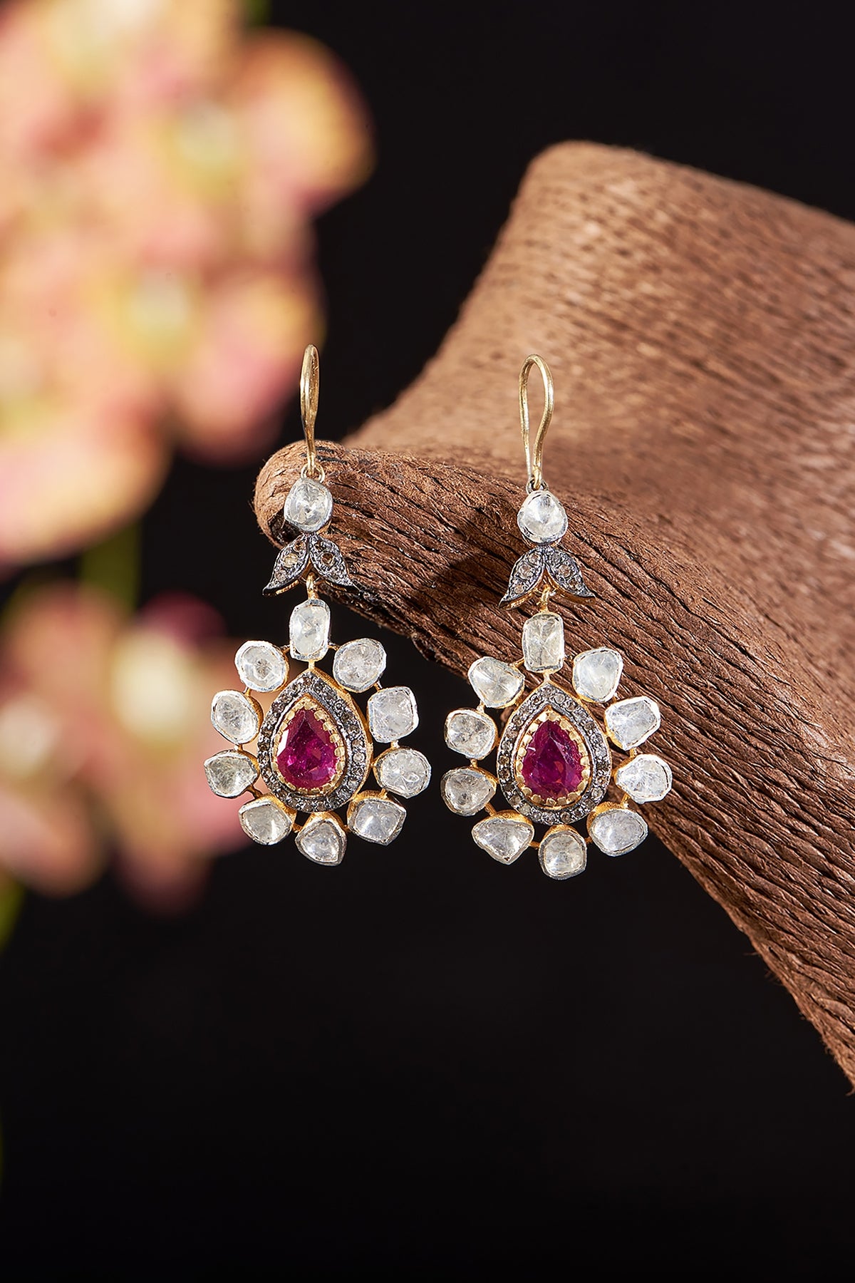 Two Tone Finish Single Cut Diamond & Ruby Dangler Earrings In Sterling Silver