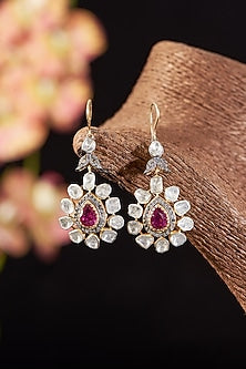 Two Tone Finish Single Cut Diamond & Ruby Dangler Earrings In Sterling Silver