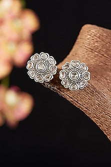 Two Tone Finish Single Cut Diamond & Polki Diamond Stud Earrings In Sterling Silver