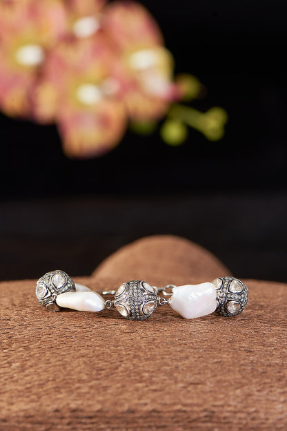 Two Tone Finish Single Cut Diamond & Baroque Pearl Bracelet In Sterling Silver