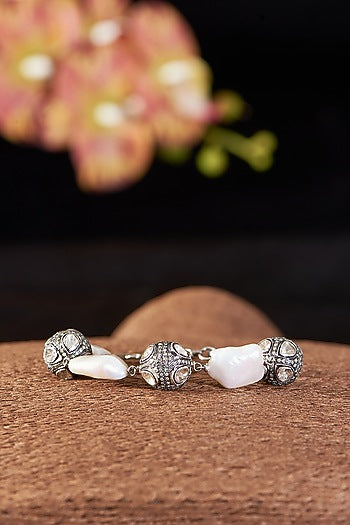 Two Tone Finish Single Cut Diamond & Baroque Pearl Bracelet In Sterling Silver