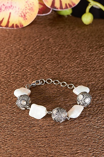 Two Tone Finish Single Cut Diamond & Baroque Pearl Bracelet In Sterling Silver