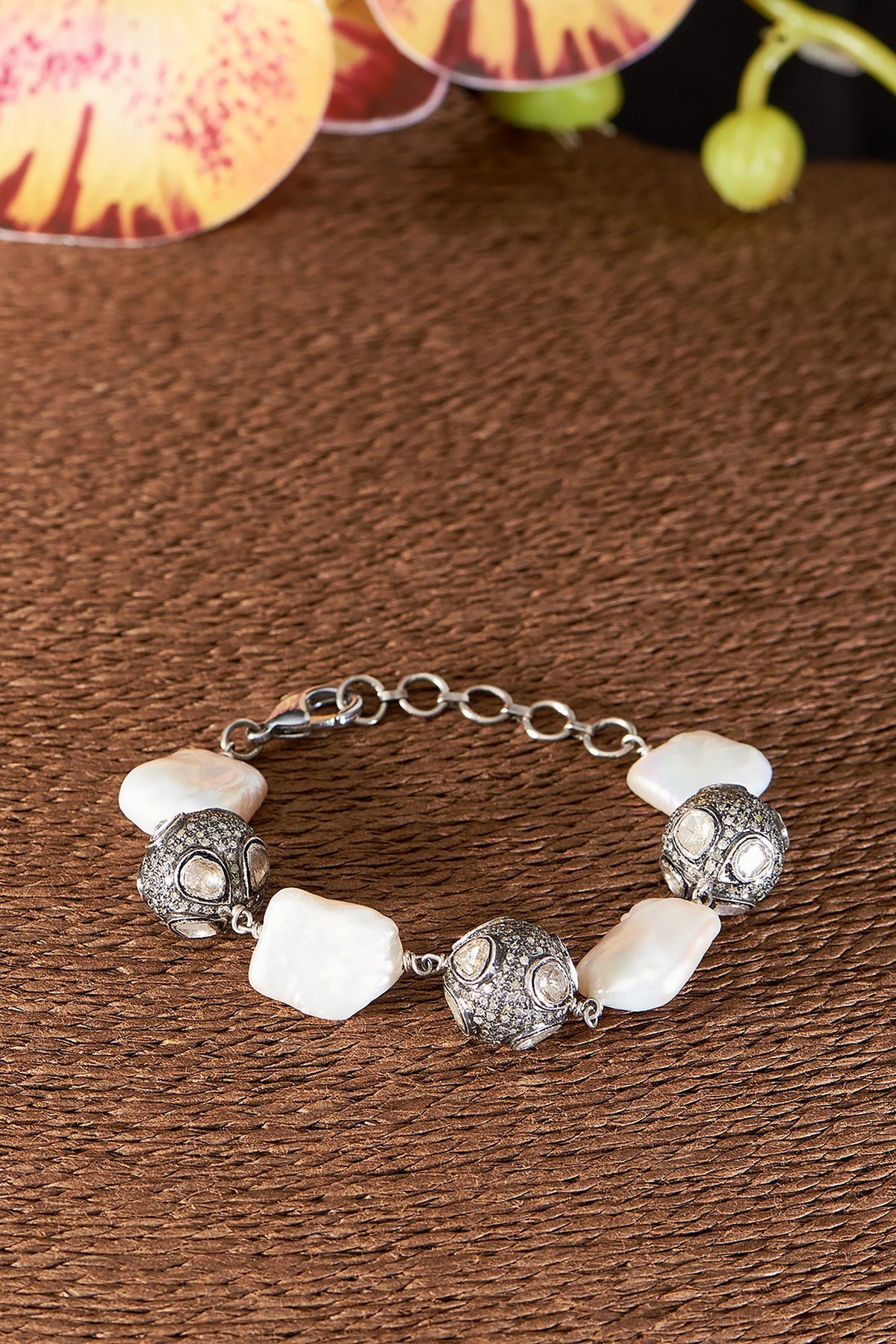 Two Tone Finish Single Cut Diamond & Baroque Pearl Bracelet In Sterling Silver
