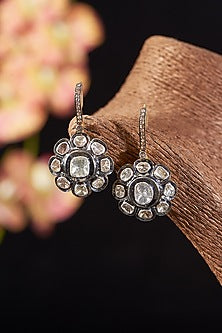 Two Tone Finish Single Cut Diamond & Polki Diamond Dangler Earrings In Sterling Silver