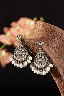 Two Tone Finish Single Cut Diamond & Pearl Chandbali Earrings In Sterling Silver