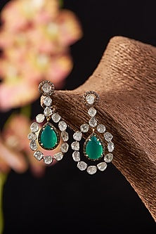 Two Tone Finish Single Cut Diamond & Natural Agate Dangler Earrings In Sterling Silver