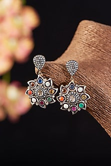 Two Tone Finish Single Cut Diamond & Natural Gemstone Dangler Earrings In Sterling Silver