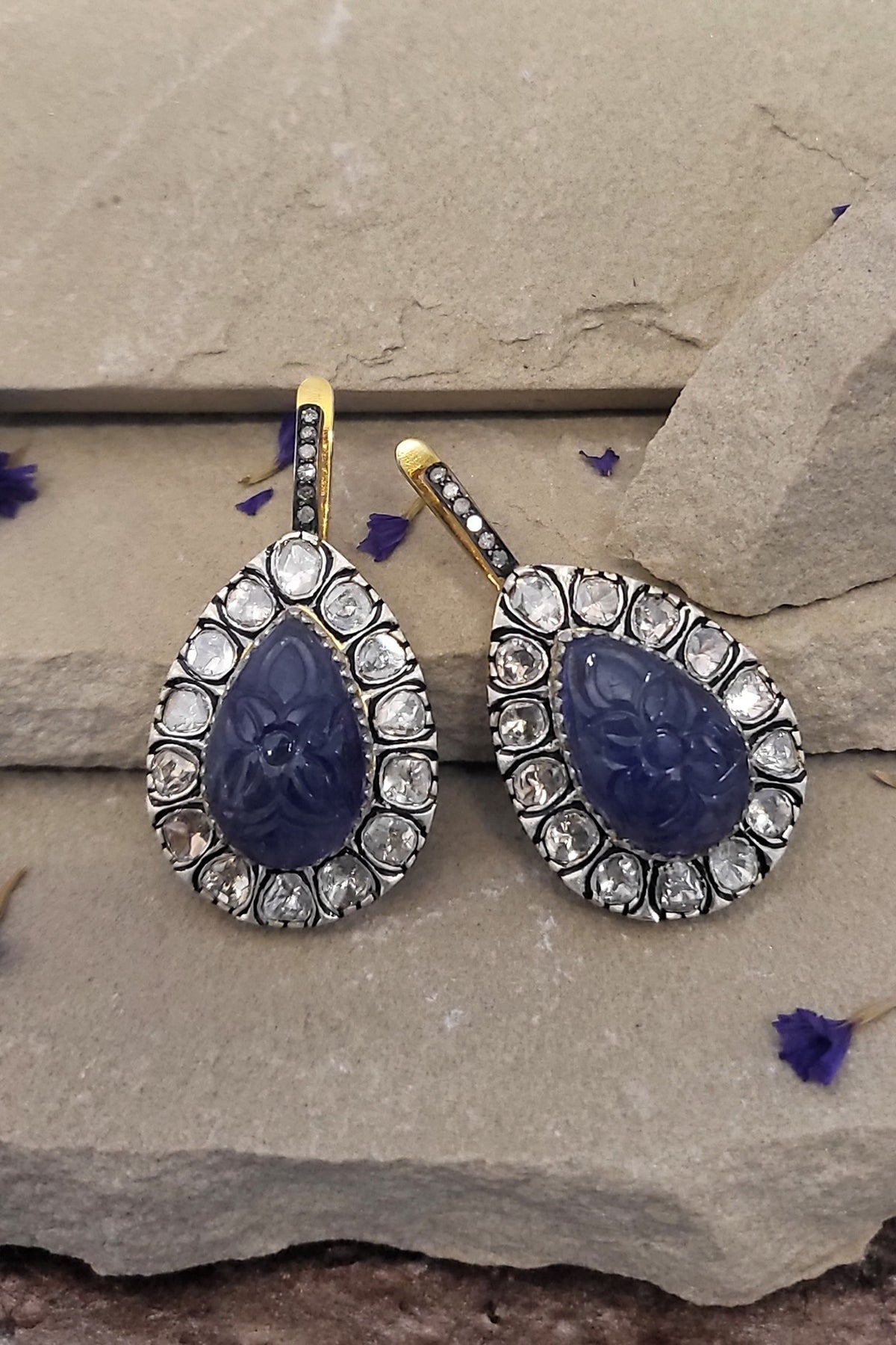 Two-Tone Finish Tanzanite & Diamond Dangler Earrings In Sterling Silver
