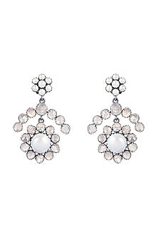 Black Rhodium Finish Pearl & Uncut Diamond Dangler Earrings In Sterling Silver