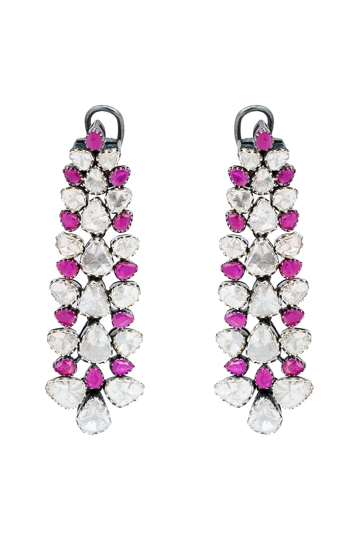 Black Rhodium Finish Ruby & Uncut Diamond Dangler Earrings In Sterling Silver