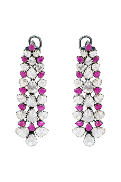 Black Rhodium Finish Ruby & Uncut Diamond Dangler Earrings In Sterling Silver