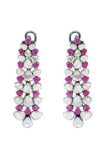 Black Rhodium Finish Ruby & Uncut Diamond Dangler Earrings In Sterling Silver