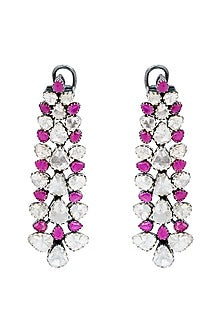 Black Rhodium Finish Ruby & Uncut Diamond Dangler Earrings In Sterling Silver