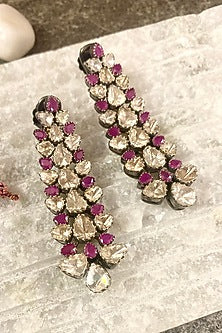 Black Rhodium Finish Ruby & Uncut Diamond Dangler Earrings In Sterling Silver