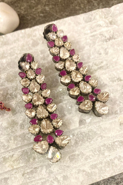 Black Rhodium Finish Ruby & Uncut Diamond Dangler Earrings In Sterling Silver