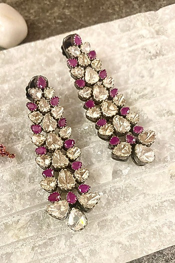 Black Rhodium Finish Ruby & Uncut Diamond Dangler Earrings In Sterling Silver