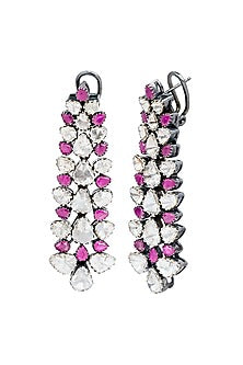Black Rhodium Finish Ruby & Uncut Diamond Dangler Earrings In Sterling Silver