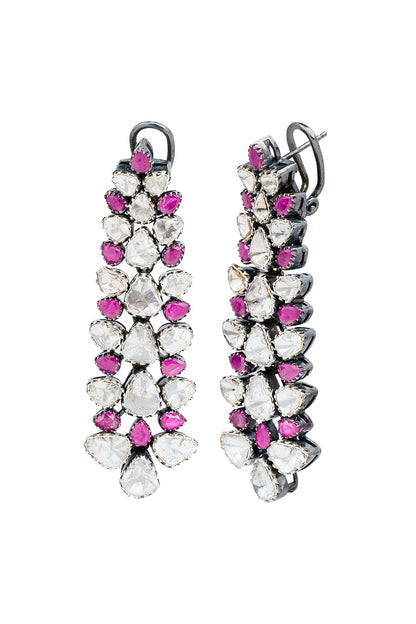 Black Rhodium Finish Ruby & Uncut Diamond Dangler Earrings In Sterling Silver