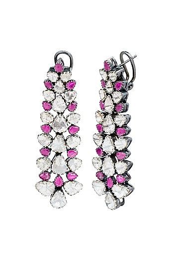 Black Rhodium Finish Ruby & Uncut Diamond Dangler Earrings In Sterling Silver
