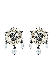 Black Rhodium Finish Pearl & Uncut Diamond Stud Earrings In Sterling Silver