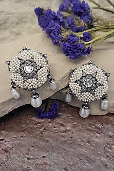 Black Rhodium Finish Pearl & Uncut Diamond Stud Earrings In Sterling Silver