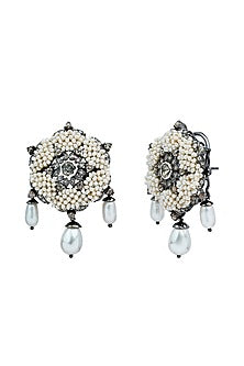 Black Rhodium Finish Pearl & Uncut Diamond Stud Earrings In Sterling Silver
