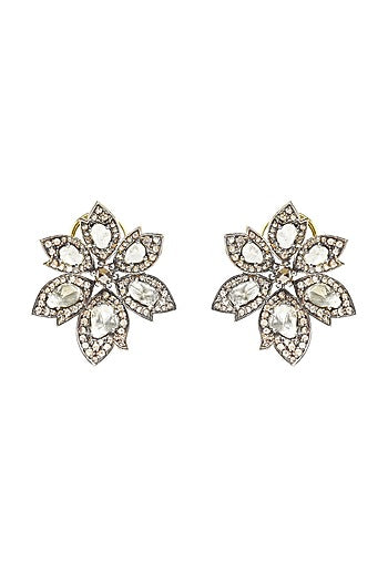 Two-Tone Finish Polki & Uncut Diamond Stud Earrings In Sterling Silver