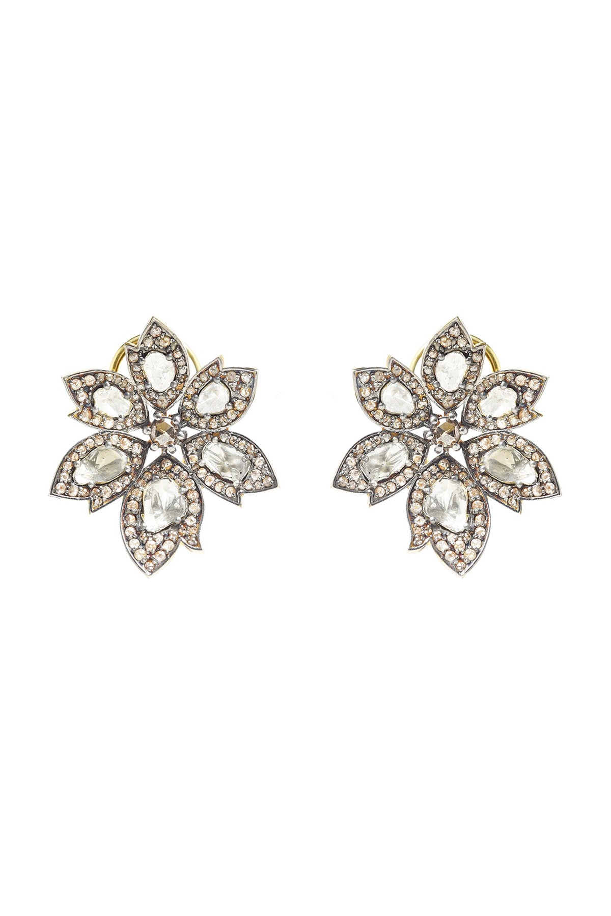 Two-Tone Finish Polki & Uncut Diamond Stud Earrings In Sterling Silver