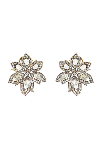 Two-Tone Finish Polki & Uncut Diamond Stud Earrings In Sterling Silver