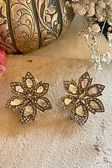 Two-Tone Finish Polki & Uncut Diamond Stud Earrings In Sterling Silver