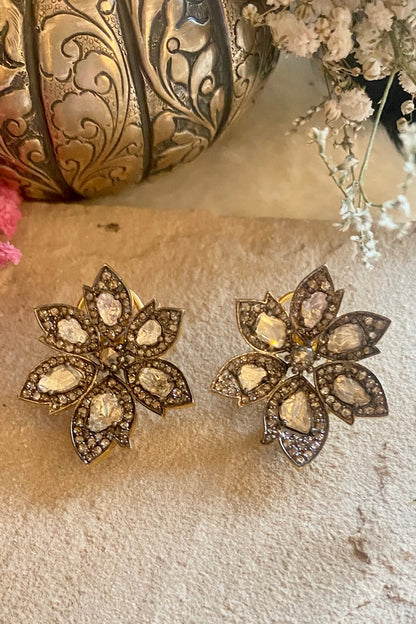 Two-Tone Finish Polki & Uncut Diamond Stud Earrings In Sterling Silver