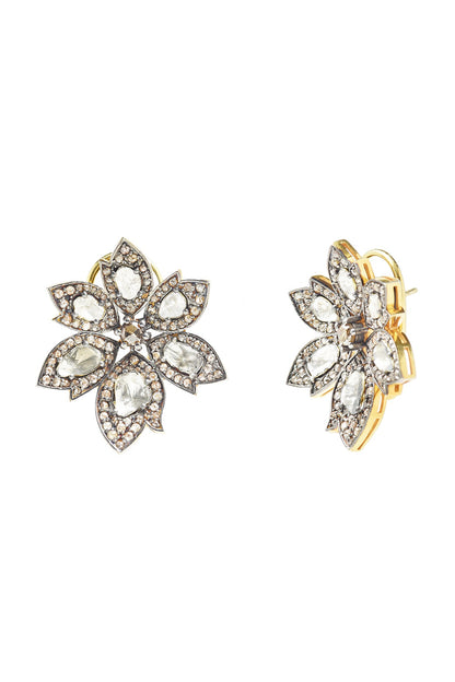 Two-Tone Finish Polki & Uncut Diamond Stud Earrings In Sterling Silver
