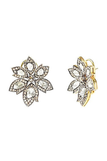 Two-Tone Finish Polki & Uncut Diamond Stud Earrings In Sterling Silver
