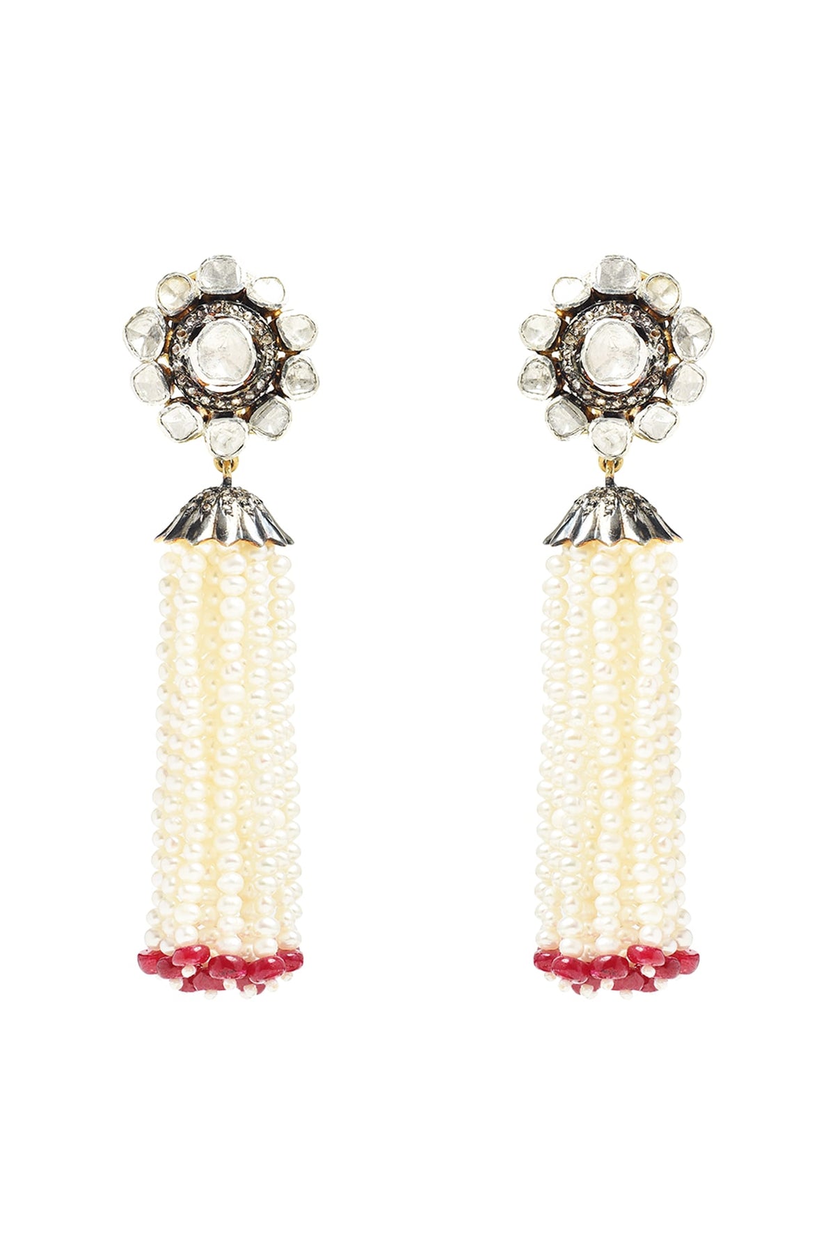 Two-Tone Finish Pearl & Ruby Dangler Earrings In Sterling Silver