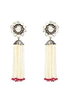 Two-Tone Finish Pearl & Ruby Dangler Earrings In Sterling Silver