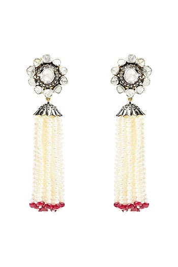 Two-Tone Finish Pearl & Ruby Dangler Earrings In Sterling Silver