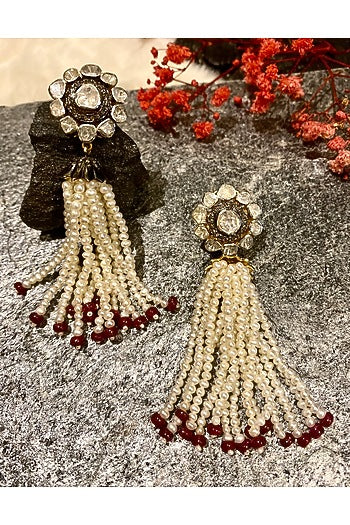 Two-Tone Finish Pearl & Ruby Dangler Earrings In Sterling Silver